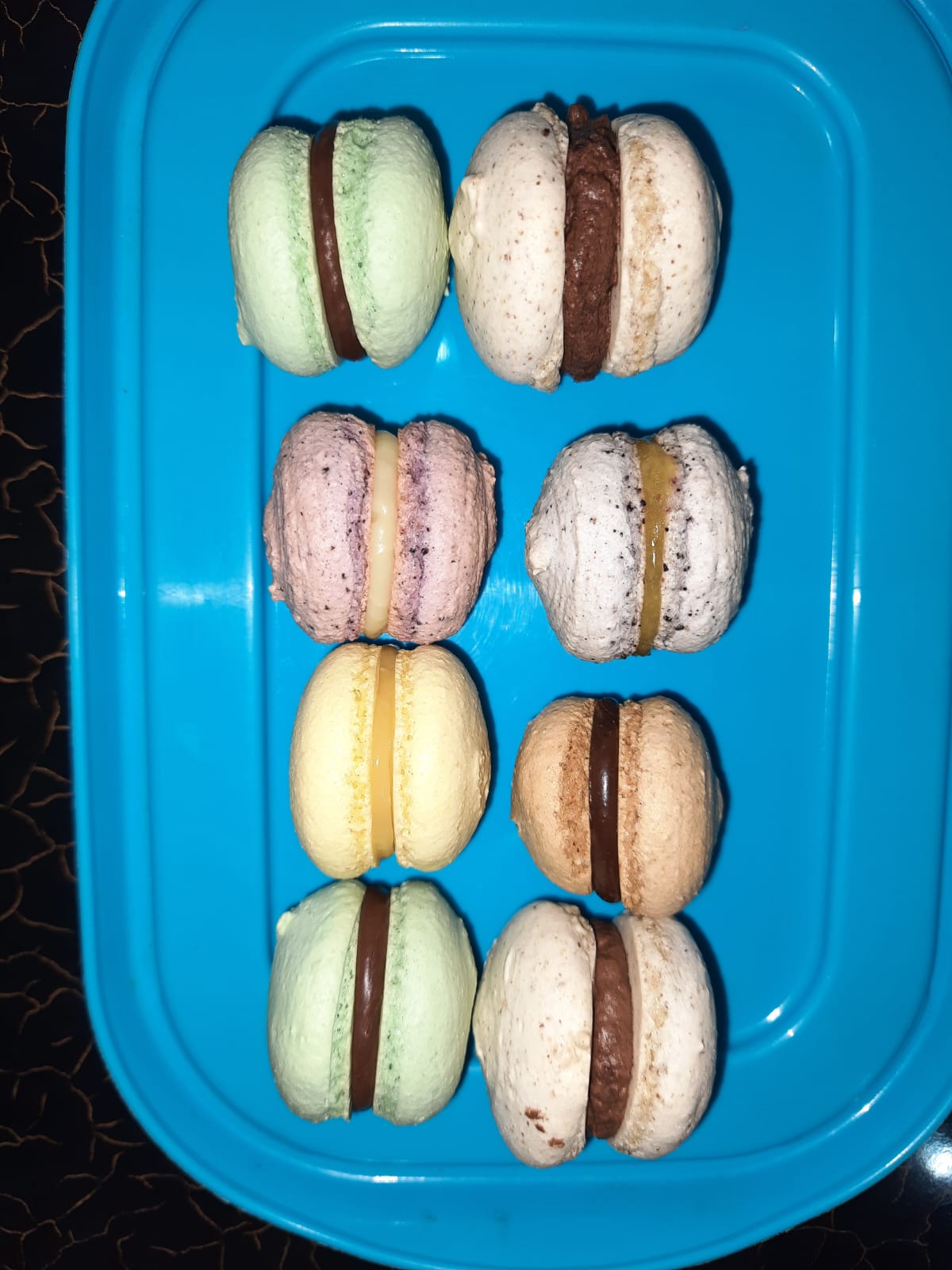 Mix of macarons: mint, walnuts, blueberry-vanilla, blueberry-lemon, white chocolate and coffee