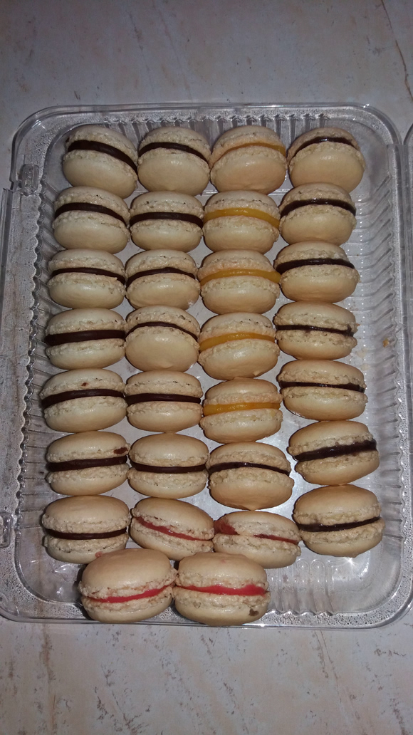 Chocolate, lemon and strawberry macarons